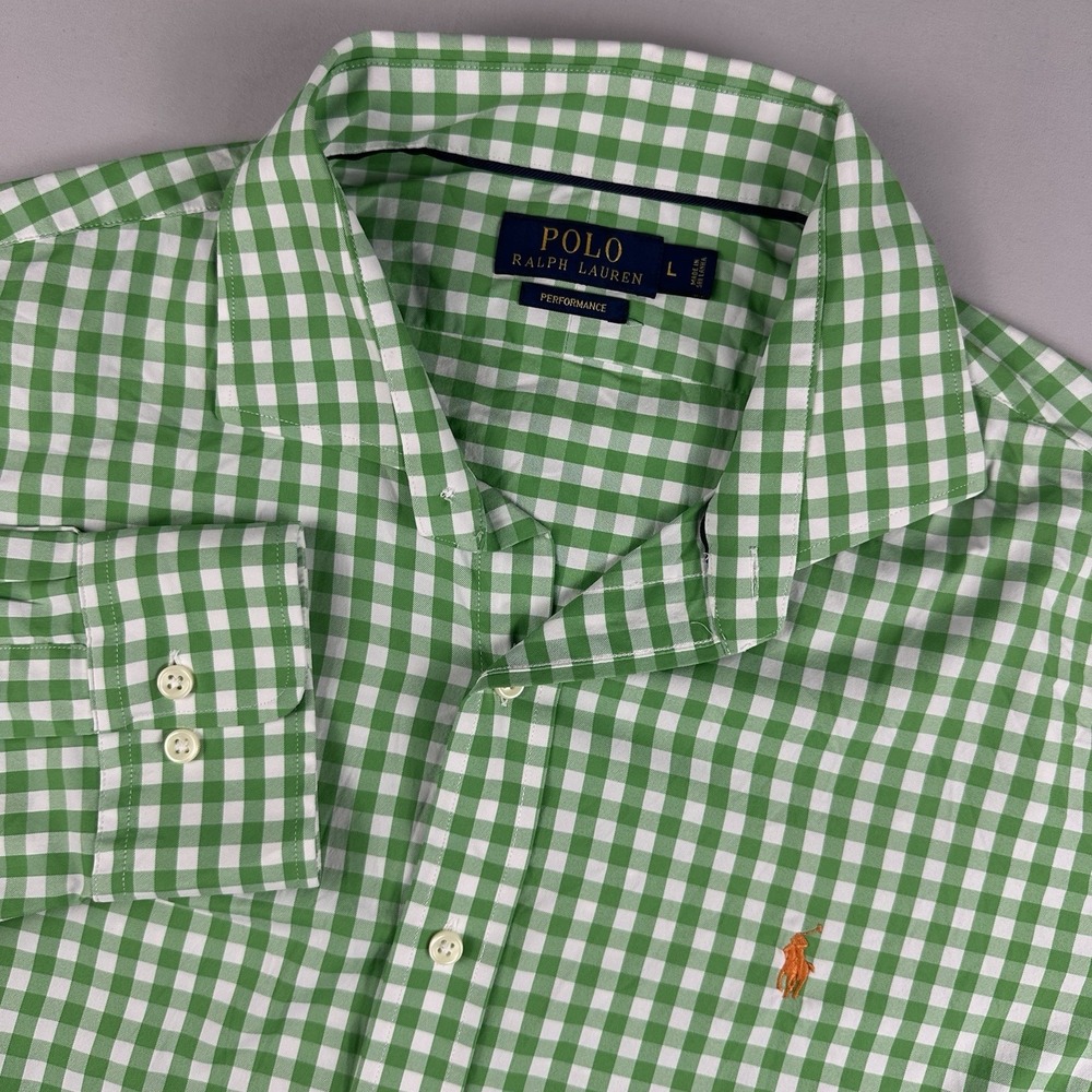 Polo Ralph Lauren Mens Large‎ Green Buffalo Check Long Sleeve Button Down Preppy